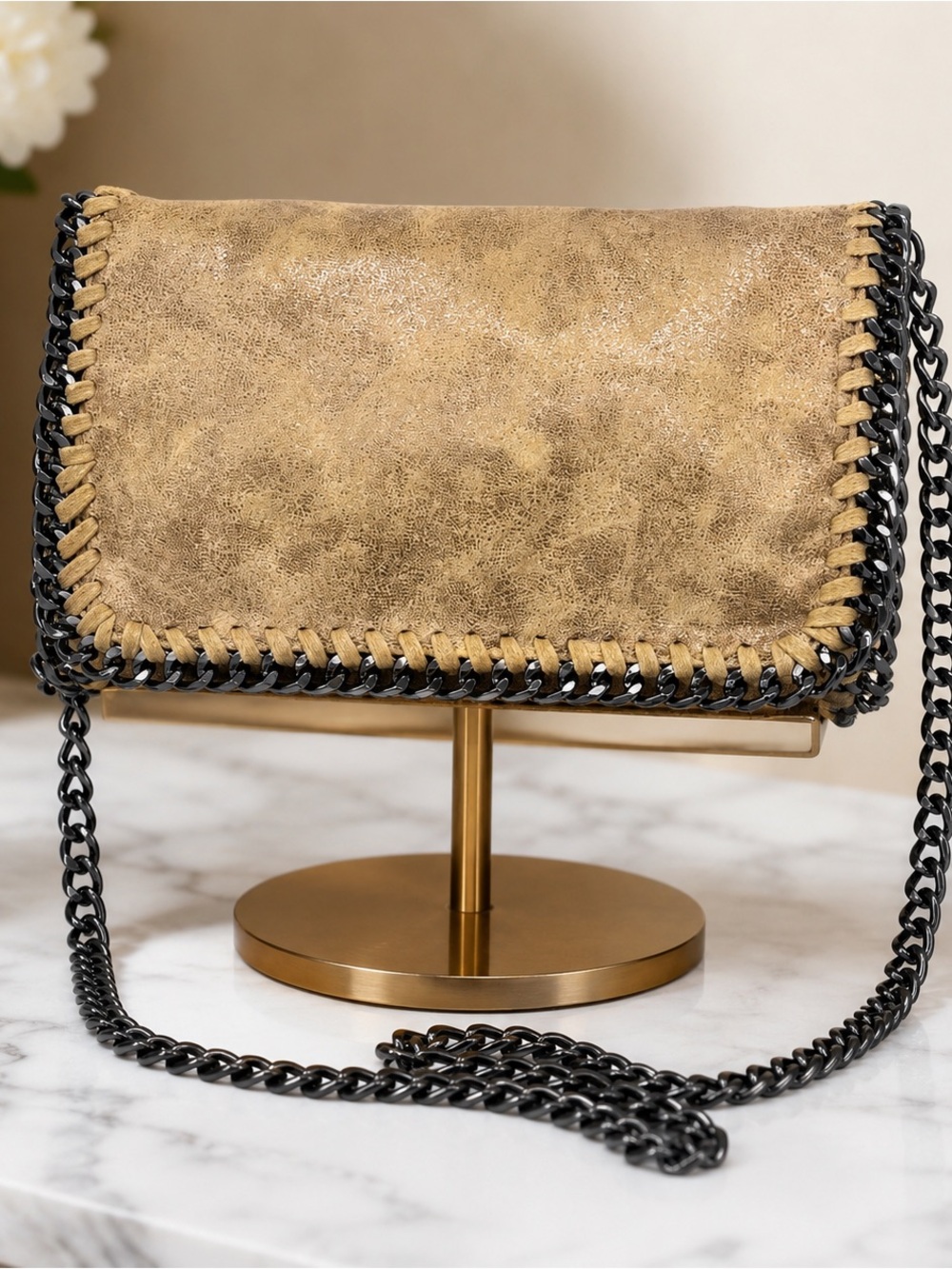 Distressed Tan Suede Crossbody / Shoulder Bag with Gunmetal Black Chain Trim